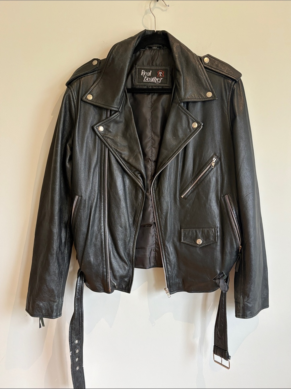 Vintage Genuine Black Leather Moto Biker Jacket Size L